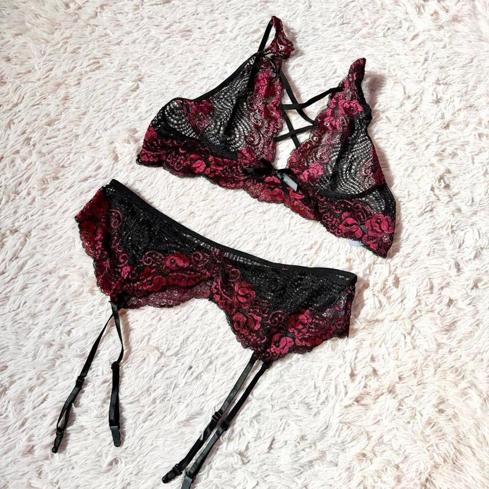 Delicate Floral Sensual Feminine Sexy Sheer Lingerie Set Womens XL Whimsygoth